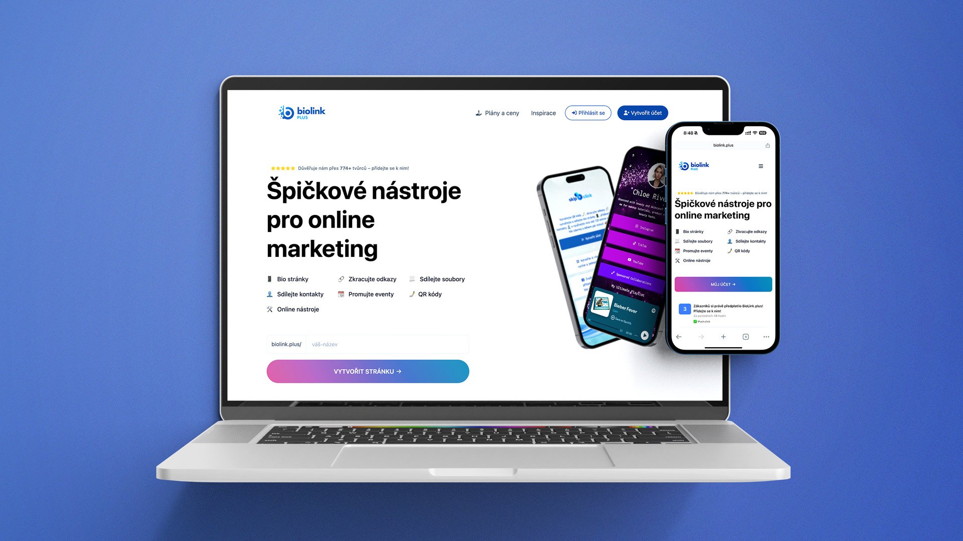 Barevný design ukazující různé funkce BioLink.plus – bio stránky, generátor QR kódů, zkracování odkazů, sdílení souborů a digitální vizitky. Obrázek představuje jednoduché a moderní nástroje pro online marketing.